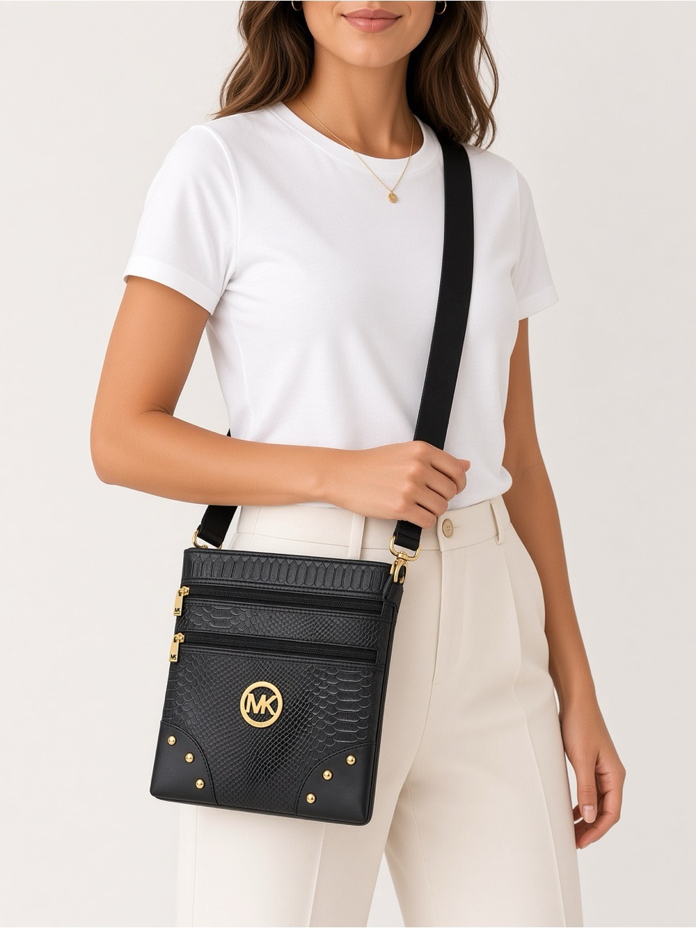 Michael Kors Black Textured Crossbody with Gold MK Logo